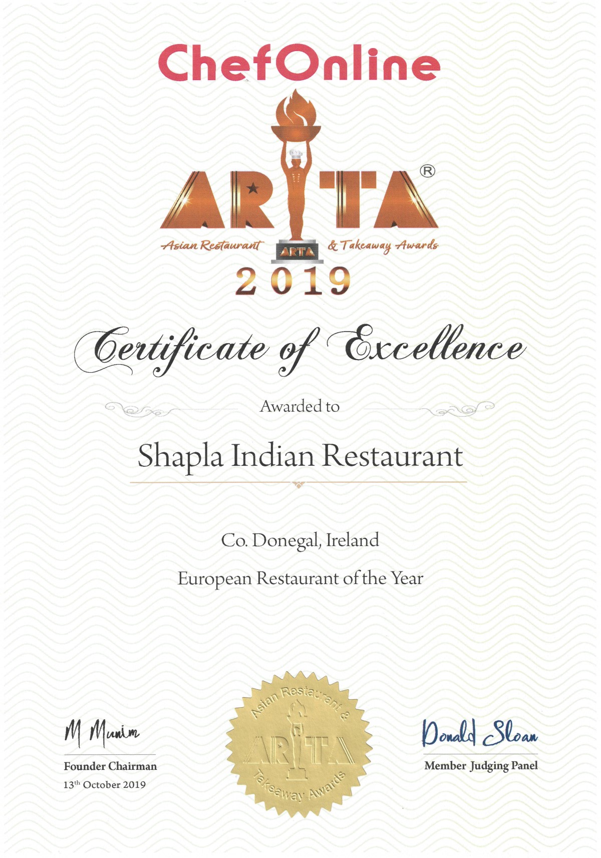 ARTA 2019 Certificate Shapla Indian Restaurant
